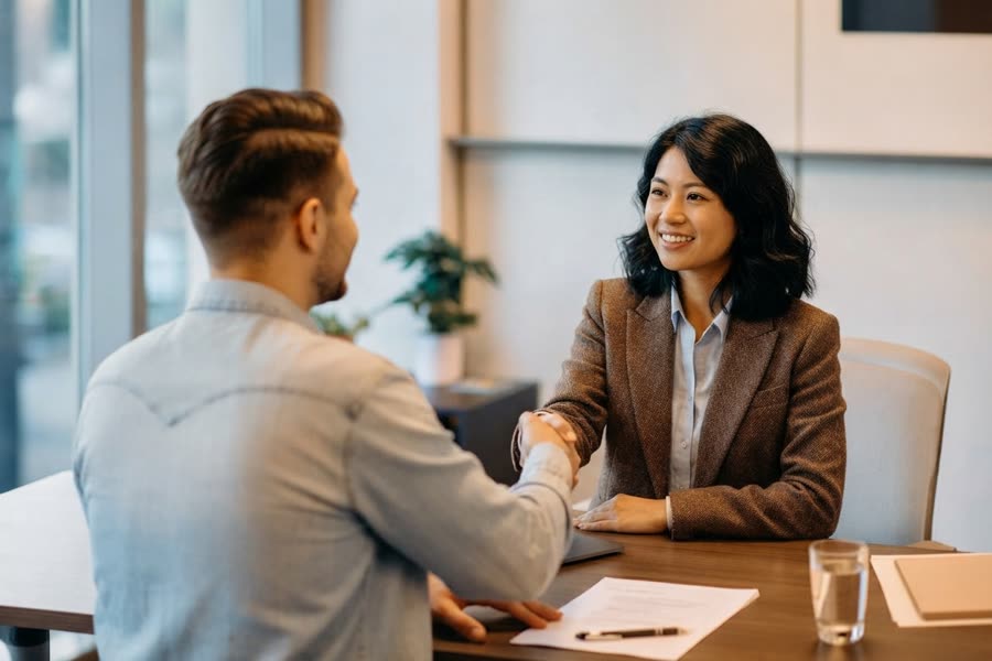 A manager and a colleague shaking hands across a desk after a rehearsed conversation
